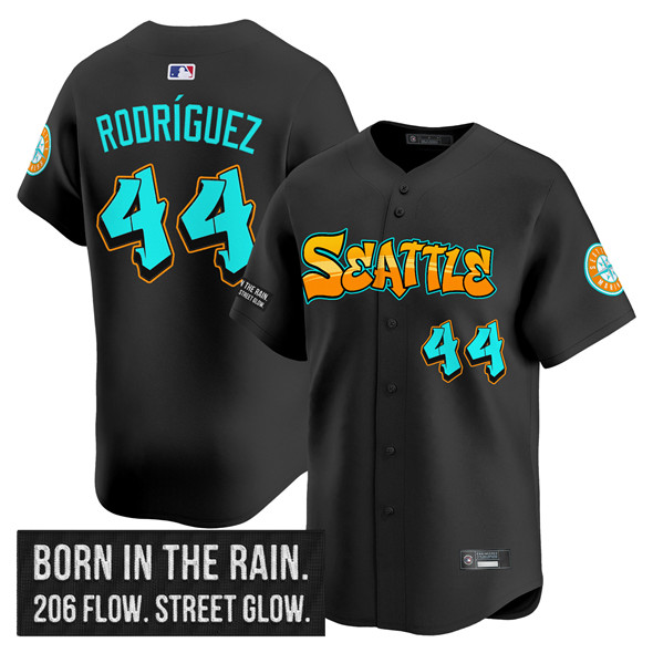 Men's Seattle Mariners #44 Julio Rodríguez Black 2025 'Graffiti Emerald Drop Edition' Vapor Premier Limited Stitched Jersey Men's Seattle Mariners #44 Julio Rodríguez Black 2025 'Graffiti Emerald Drop Edition' Vapor Premier Limited Stitched Jersey